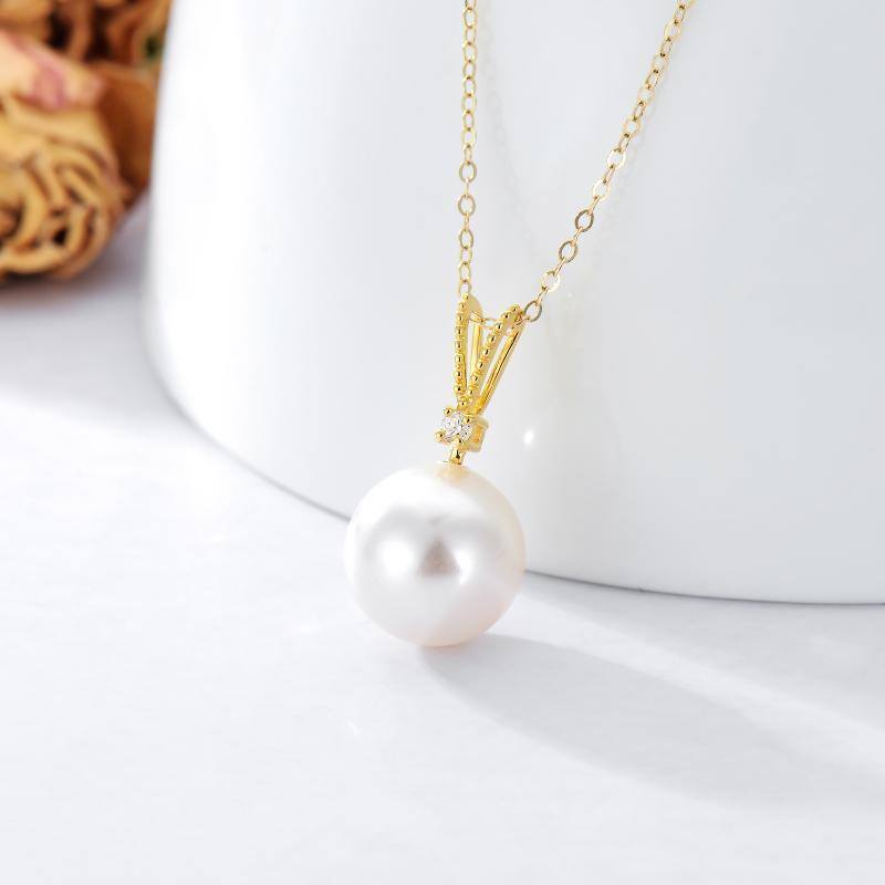 14K Gold Moissanite & Pearl Round Pendant Necklace-3