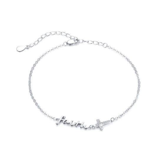 Sterling Silver Cubic Zirconia Cross Pendant Bracelet with Engraved Word
