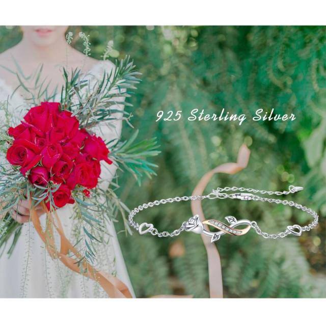 Sterling Silver Two-tone Circular Shaped Cubic Zirconia Rose & Infinity Symbol Pendant Bracelet-4