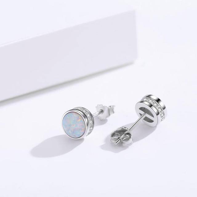 Sterling Silver Circular Shaped Cubic Zirconia & Opal Round Stud Earrings-3