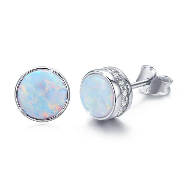 Sterling Silver Circular Shaped Cubic Zirconia & Opal Round Stud Earrings-0