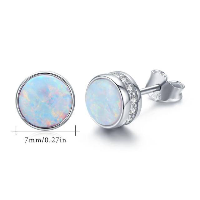 Sterling Silver Circular Shaped Cubic Zirconia & Opal Round Stud Earrings-4