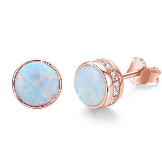 Sterling Silver with Rose Gold Plated Opal Round Stud Earrings-1