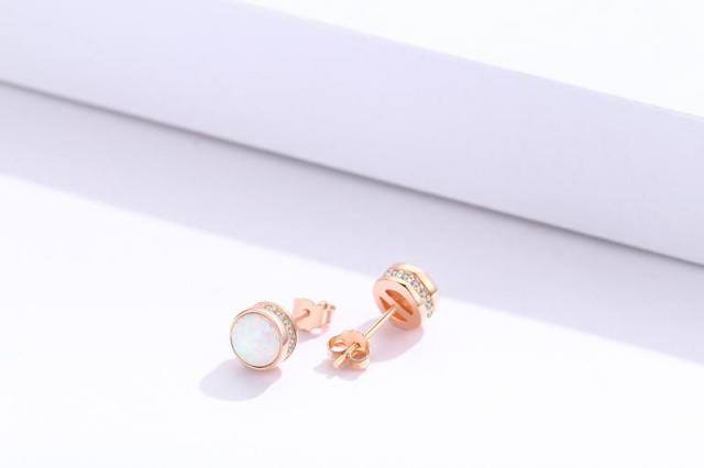 Sterling Silver with Rose Gold Plated Opal Round Stud Earrings-4
