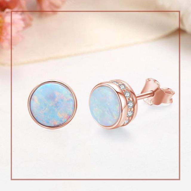Sterling Silver with Rose Gold Plated Opal Round Stud Earrings-6
