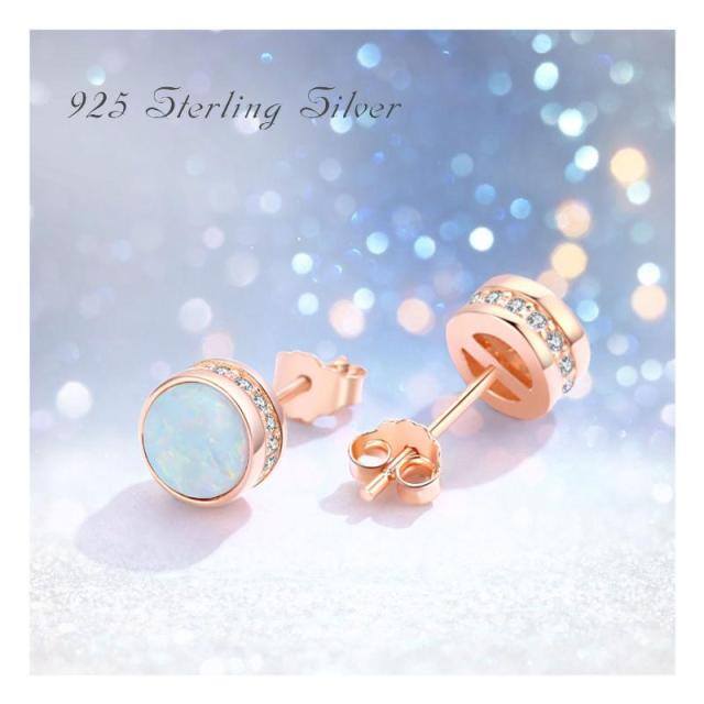 Sterling Silver with Rose Gold Plated Opal Round Stud Earrings-5
