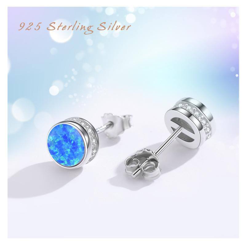 Sterling Silver Circular Shaped Opal Round Stud Earrings-4