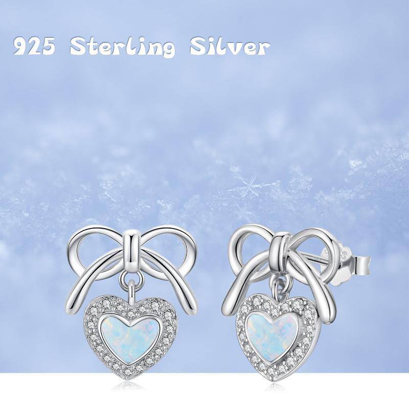 Sterling Silver Heart Shaped Opal Bow & Heart Stud Earrings-7