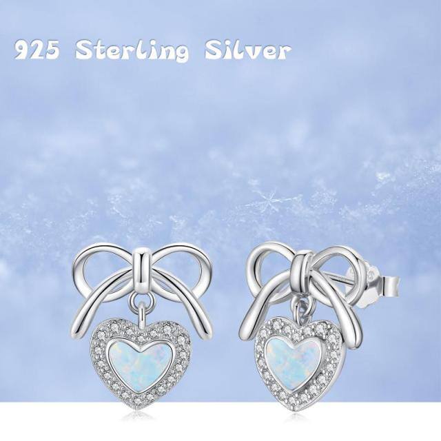 Sterling Silver Heart Shaped Opal Bow & Heart Stud Earrings-6