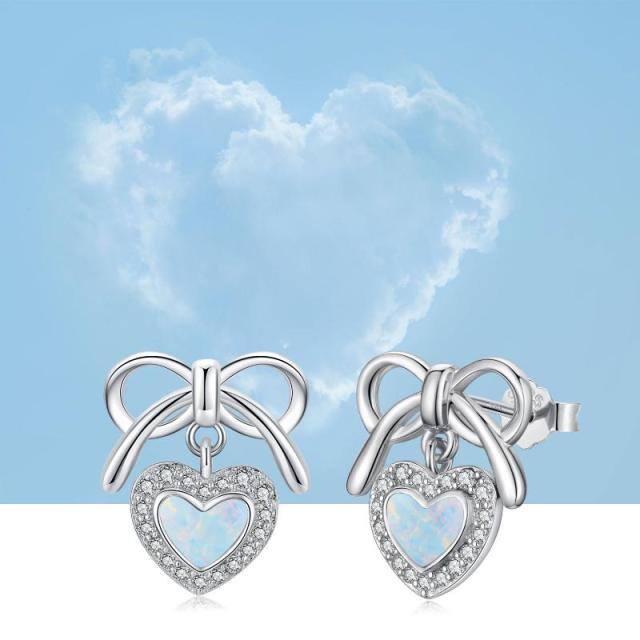 Sterling Silver Heart Shaped Opal Bow & Heart Stud Earrings-4