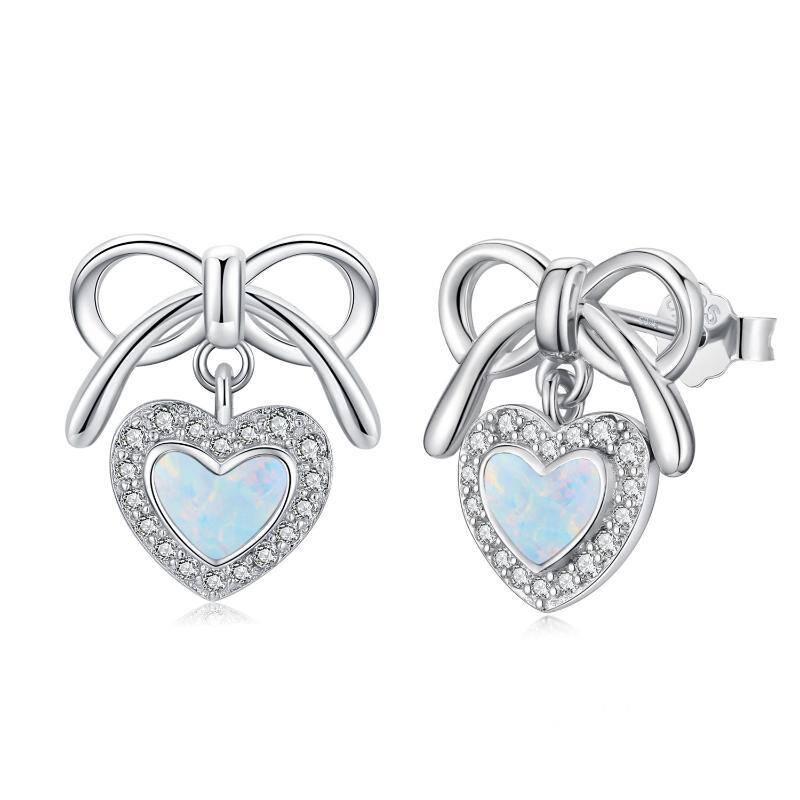 Sterling Silver Heart Shaped Opal Bow & Heart Stud Earrings-1