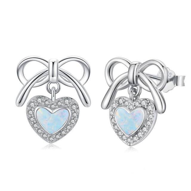 Sterling Silver Heart Shaped Opal Bow & Heart Stud Earrings-0