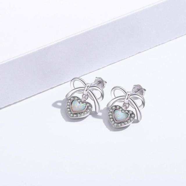 Sterling Silver Heart Shaped Opal Bow & Heart Stud Earrings-3