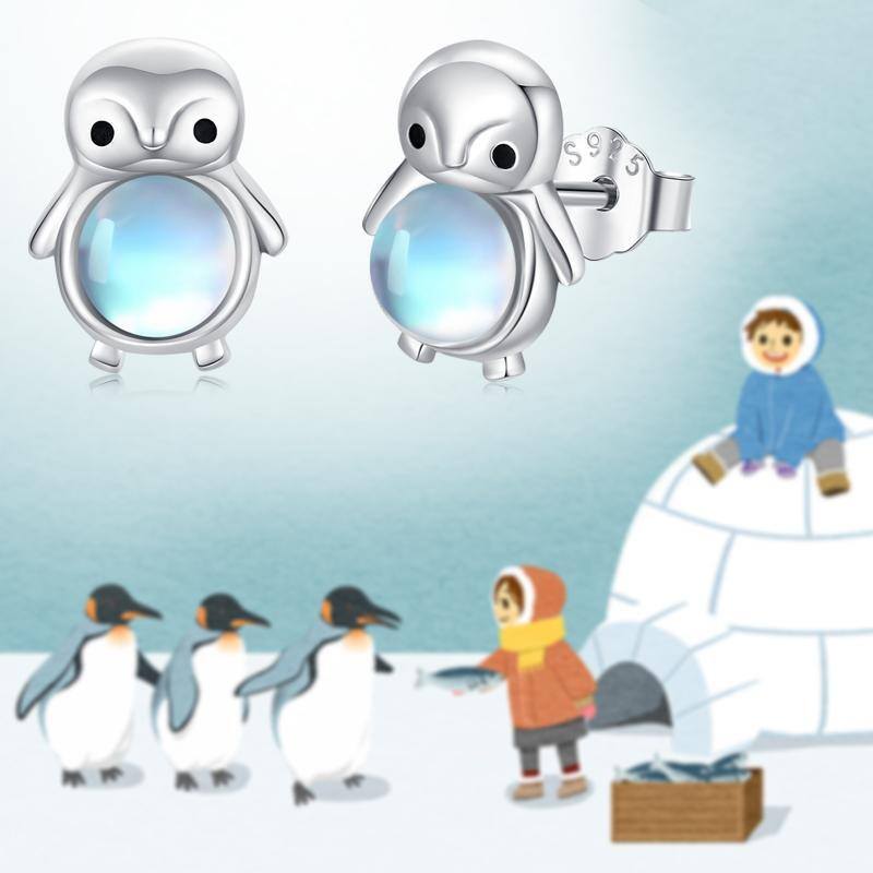 Sterling Silver Circular Shaped Moonstone Penguin Stud Earrings-6