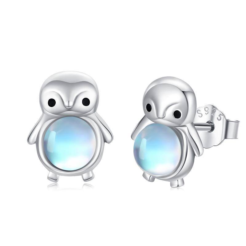 Sterling Silver Circular Shaped Moonstone Penguin Stud Earrings-1