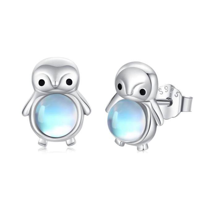 Sterling Silver Circular Shaped Moonstone Penguin Stud Earrings-4