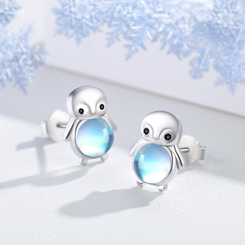 Sterling Silver Circular Shaped Moonstone Penguin Stud Earrings-4