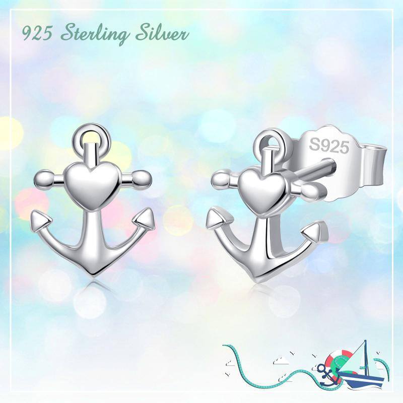 Sterling Silver Ship Anchor Stud Earrings-6
