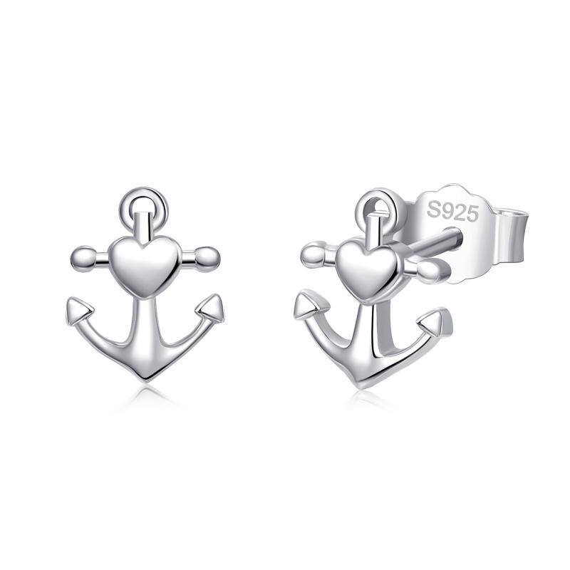 Sterling Silver Ship Anchor Stud Earrings-1