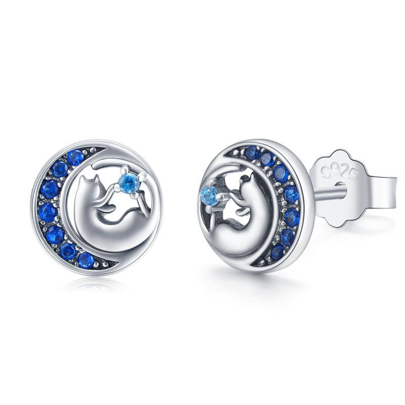 Sterling Silver Blue Cubic Zirconia Cat & Moon Circle Stud Earrings for Women-1