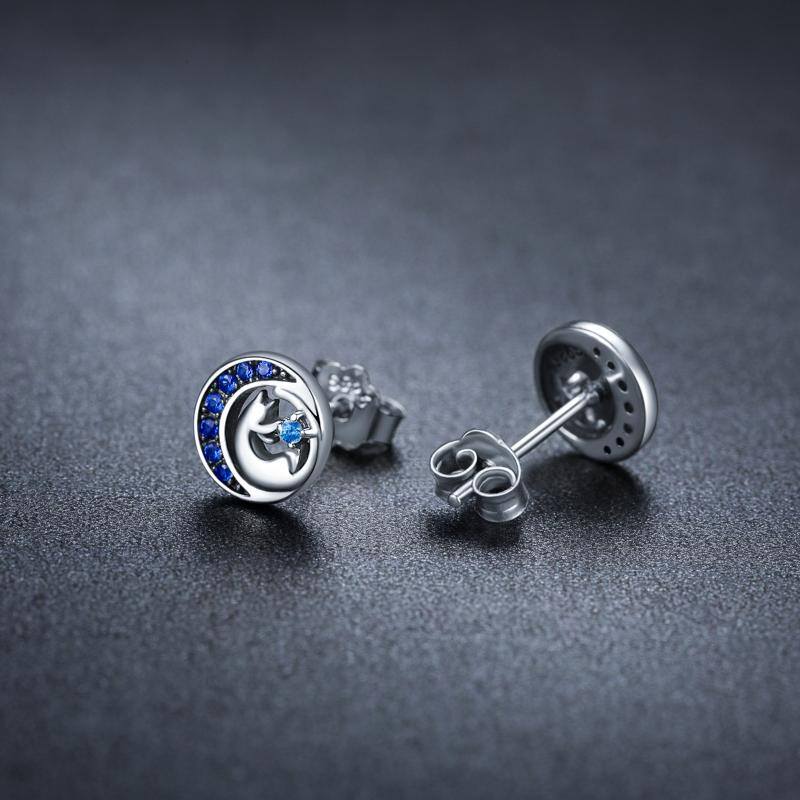 Sterling Silver Blue Cubic Zirconia Cat & Moon Circle Stud Earrings for Women-6