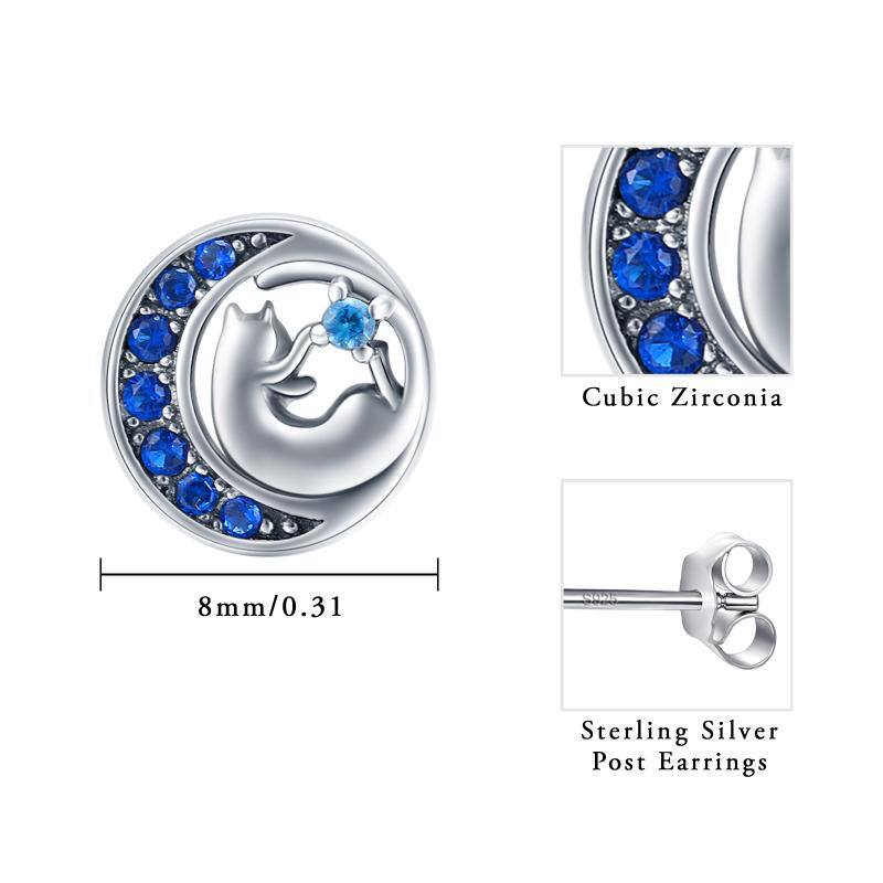 Sterling Silver Blue Cubic Zirconia Cat & Moon Circle Stud Earrings for Women-4