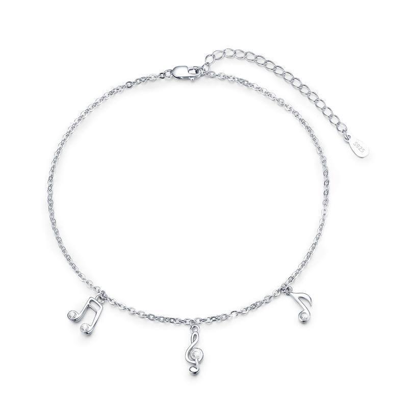 Sterling Silver Circular Shaped Cubic Zirconia Music Symbol Single Layer Anklet-1