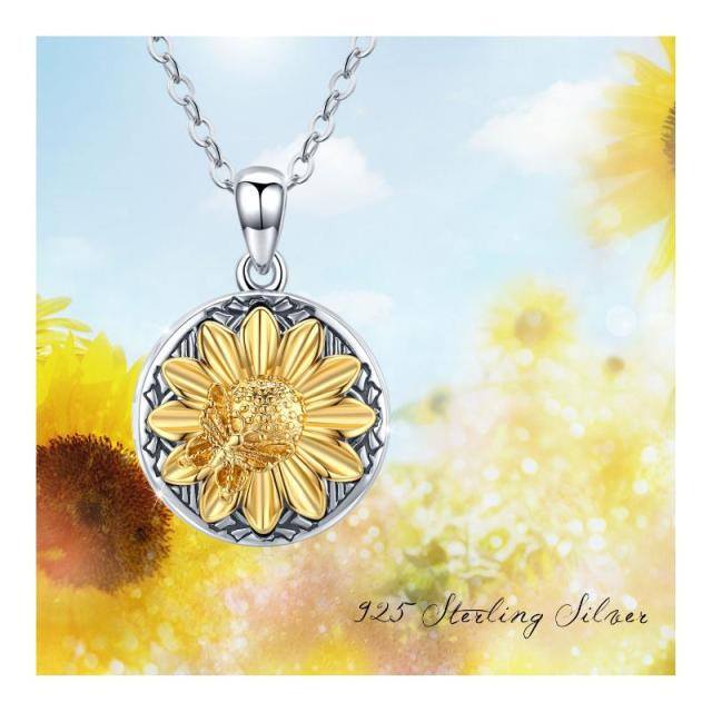 Sterling Silver Two-tone Cubic Zirconia Sunflower Personalized Photo Locket Necklace-5
