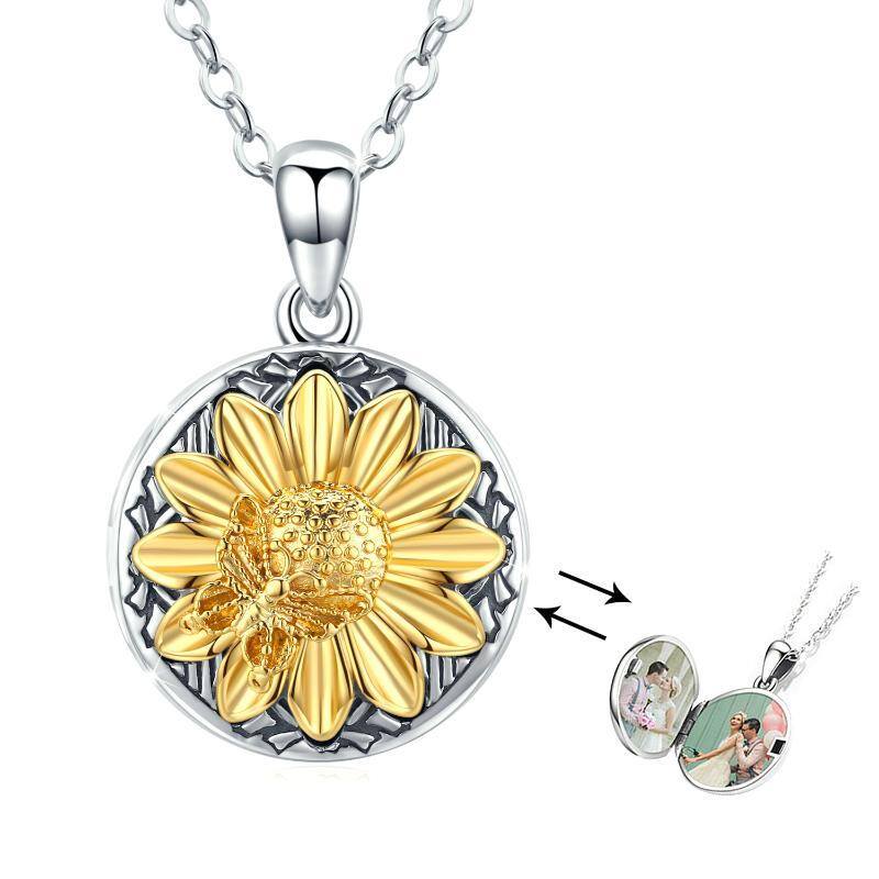 Sterling Silver Two-tone Cubic Zirconia Sunflower Personalized Photo Locket Necklace-1