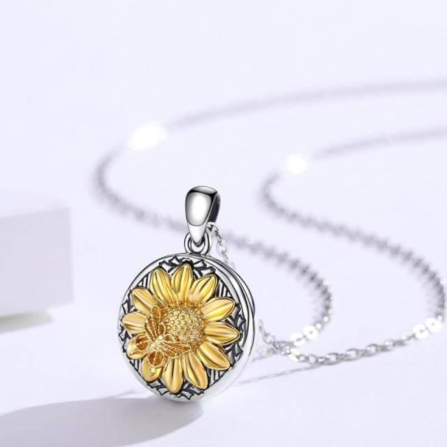 Sterling Silver Two-tone Cubic Zirconia Sunflower Personalized Photo Locket Necklace-4