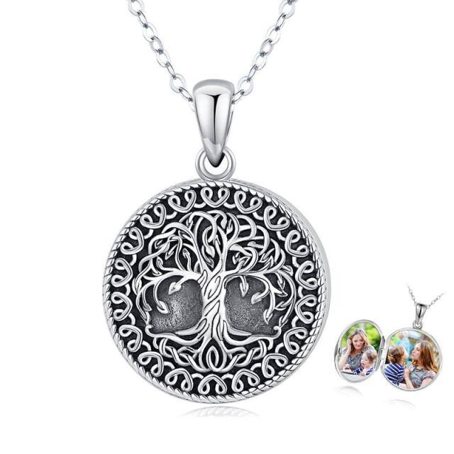 Sterling Silver Vintage Oxidized Tree Of Life Personalized Photo Locket Necklace-0