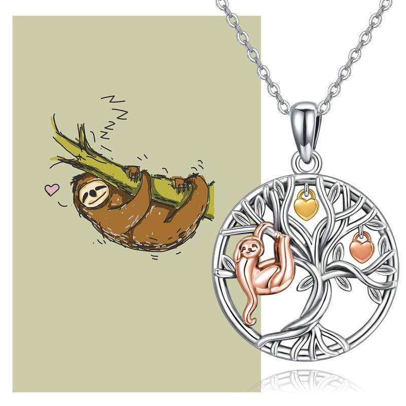 Sterling Silver Tri-tone Sloth & Tree Of Life & Heart Pendant Necklace-5