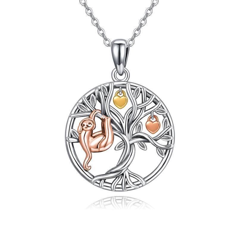 Sterling Silver Tri-tone Sloth & Tree Of Life & Heart Pendant Necklace-1