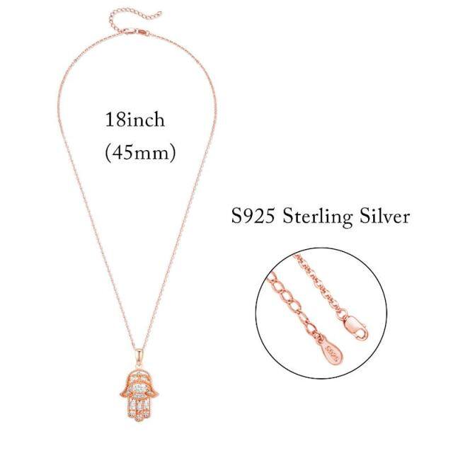 Sterling Silver with Rose Gold Plated Circular Shaped Cubic Zirconia Hamsa Hand Pendant Necklace-4