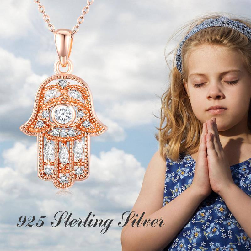 Sterling Silver with Rose Gold Plated Circular Shaped Cubic Zirconia Hamsa Hand Pendant Necklace-7