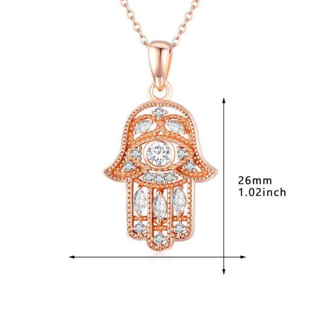 Sterling Silver with Rose Gold Plated Circular Shaped Cubic Zirconia Hamsa Hand Pendant Necklace-3
