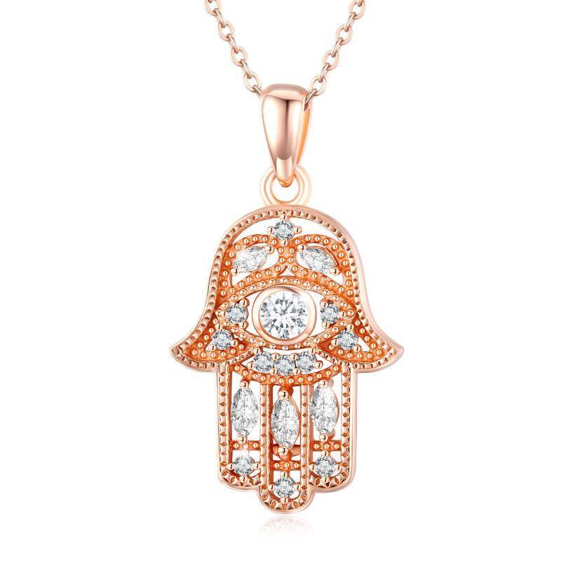 Sterling Silver with Rose Gold Plated Circular Shaped Cubic Zirconia Hamsa Hand Pendant Necklace-1