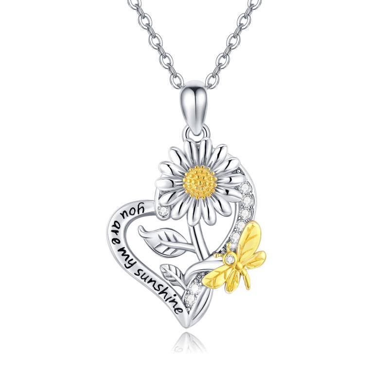 Collier en argent sterling bicolore avec libellule, tournesol et cœur avec mot gravé