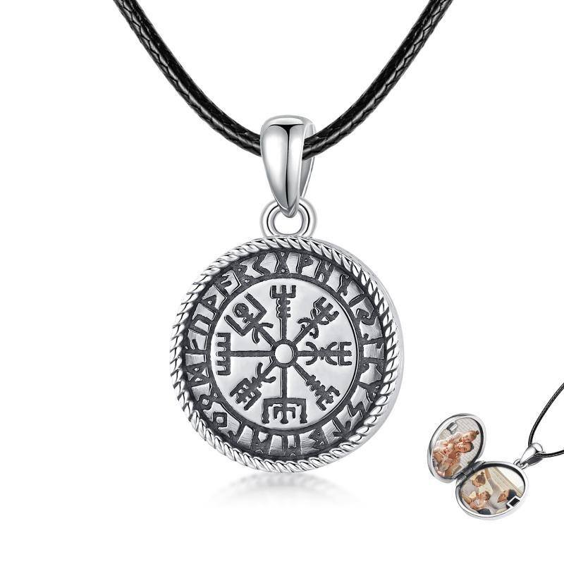 Sterling Silver Compass & Viking Rune Personalized Photo Locket Necklace-1