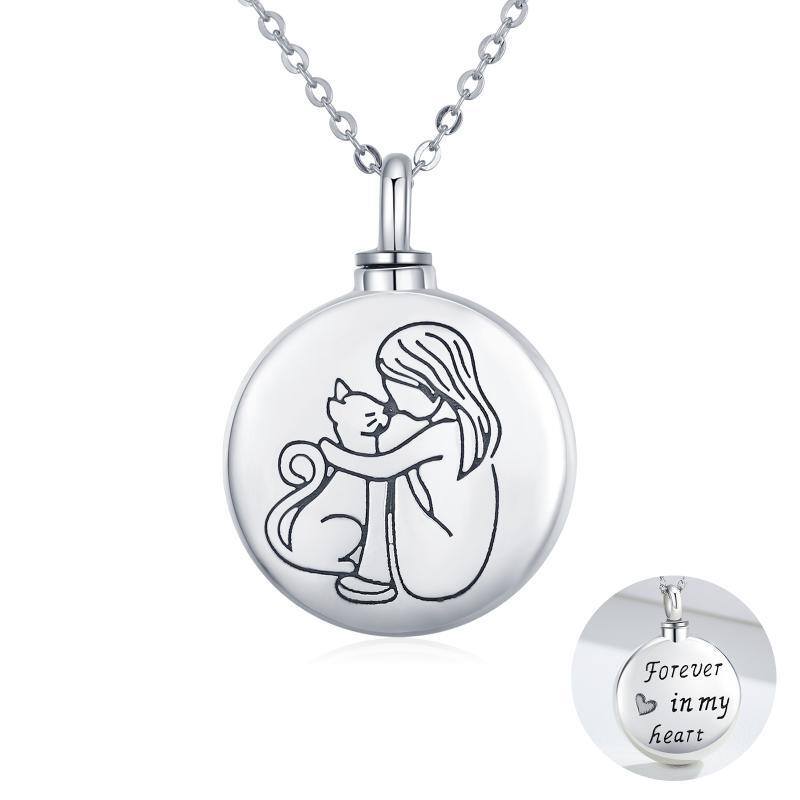 Sterling Silver Cat Urn Necklace for Ashes with Engraved Word-1