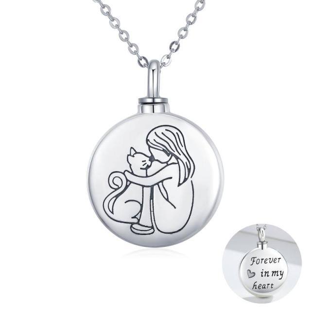 Sterling Silver Cat Urn Necklace for Ashes with Engraved Word-0