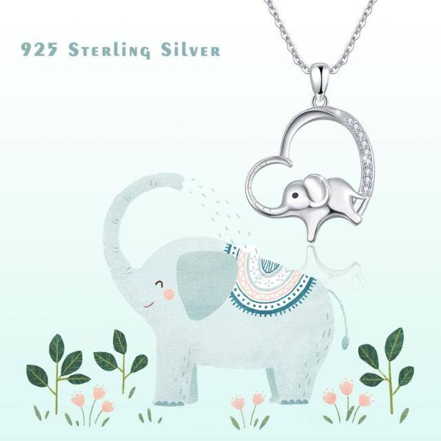 Collar de plata de ley con forma circular y circonitas cúbicas Colgante elefante y corazón-3