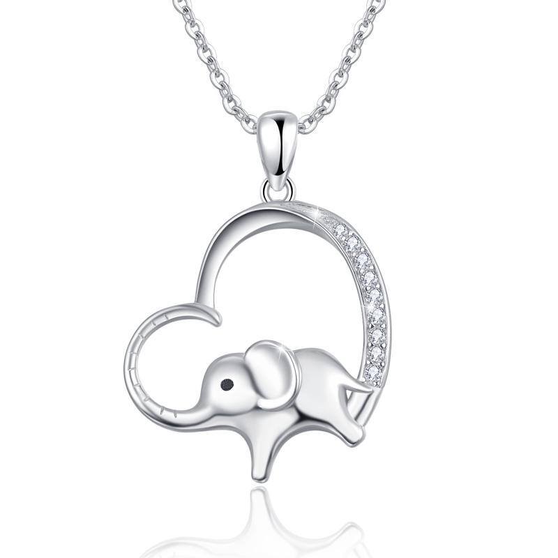 Sterling Silver Circular Shaped Cubic Zirconia Elephant & Heart Pendant Necklace-1