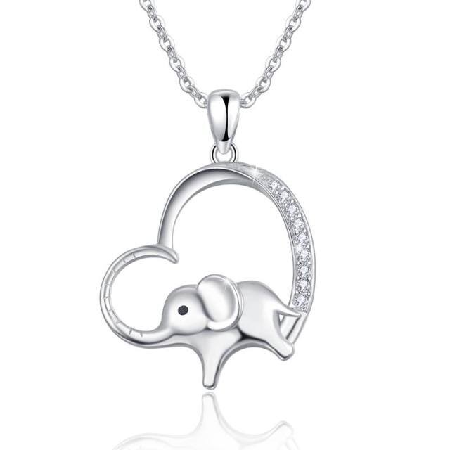 Sterling Silver Circular Shaped Cubic Zirconia Elephant & Heart Pendant Necklace-0