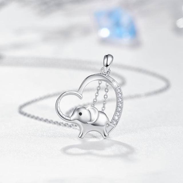 Sterling Silver Circular Shaped Cubic Zirconia Elephant & Heart Pendant Necklace-4