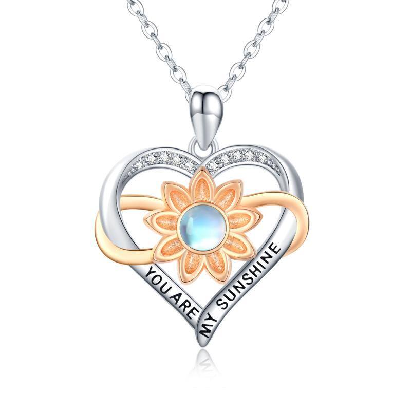 Sterling Silver Circular Shaped Moonstone Sunflower & Heart Pendant Necklace with Engraved Word-1