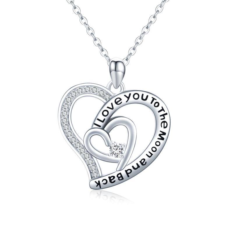 Collar con colgante de corazón de circonita cúbica en plata de ley grabado para mujer