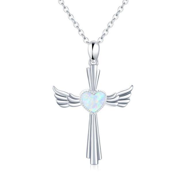 Sterling Silver Heart Shaped Opal Angel Wing & Cross & Heart Pendant Necklace-3