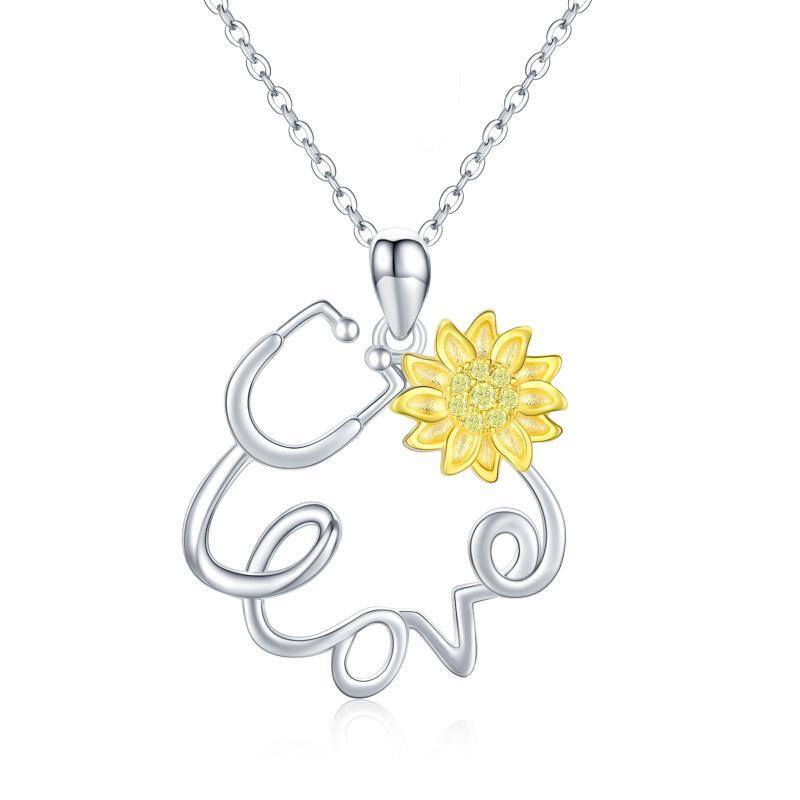 Sterling Silver Circular Shaped Cubic Zirconia Sunflower & Stethoscope Pendant Necklace with Engraved Word-1