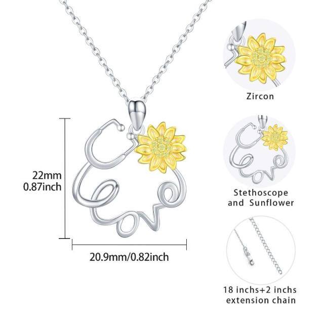 Sterling Silver Circular Shaped Cubic Zirconia Sunflower & Stethoscope Pendant Necklace with Engraved Word-4